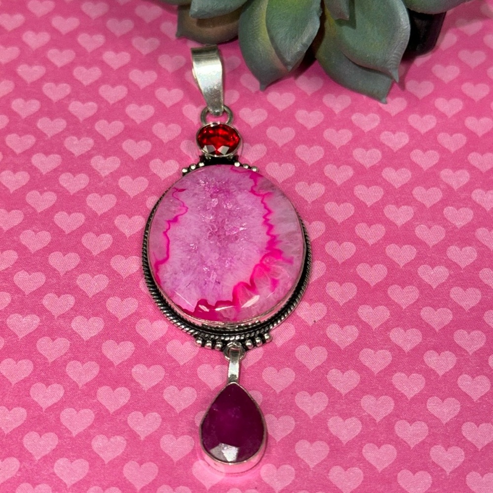 Pink Quartz & Garnet & Ruby Silver Pendant - image 2